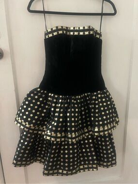 VINTAGE AJ BARI black velvet strapless gold ruffle skirt 1980’s dress - like new